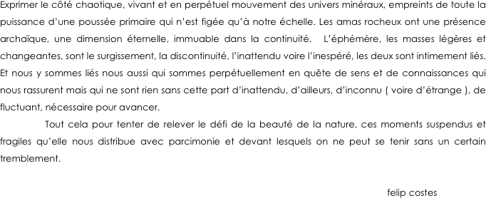Exprimer le côté chaotique, vivant et en perpétuel mouvement des univers minéraux, empreints de toute la puissance d’une poussée primaire qui n’est figée qu’à notre échelle. Les amas rocheux ont une présence archaïque, une dimension éternelle, immuable dans la continuité.  L’éphémère, les masses légères et changeantes, sont le surgissement, la discontinuité, l’inattendu voire l’inespéré, les deux sont intimement liés. Et nous y sommes liés nous aussi qui sommes perpétuellement en quête de sens et de connaissances qui nous rassurent mais qui ne sont rien sans cette part d’inattendu, d’ailleurs, d’inconnu ( voire d’étrange ), de fluctuant, nécessaire pour avancer.
	    Tout cela pour tenter de relever le défi de la beauté de la nature, ces moments suspendus et fragiles qu’elle nous distribue avec parcimonie et devant lesquels on ne peut se tenir sans un certain tremblement.  
                                                                                                                                                      
                                                                                                                                                       felip costes  