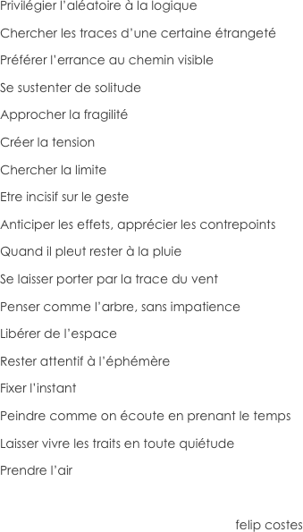 Privilégier l’aléatoire à la logiqueChercher les traces d’une certaine étrangetéPréférer l’errance au chemin visibleSe sustenter de solitudeApprocher la fragilitéCréer la tensionChercher la limiteEtre incisif sur le gesteAnticiper les effets, apprécier les contrepointsQuand il pleut rester à la pluieSe laisser porter par la trace du ventPenser comme l’arbre, sans impatienceLibérer de l’espaceRester attentif à l’éphémèreFixer l’instantPeindre comme on écoute en prenant le tempsLaisser vivre les traits en toute quiétudePrendre l’air

                                                                    felip costes